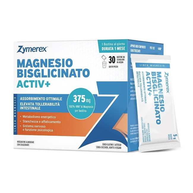Zymerex Magnesio Bisglicinato Activ+, integratore di magnesio in 30 bustine da 5 g al gusto pesca. Zymerex Magnesio Bisglicinato Activ+, integratore di magnesio in 30 bustine da 5 g al gusto pesca.