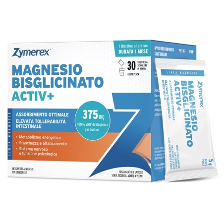 Zymerex Magnesio Bisglicinato Activ+, integratore di magnesio in 30 bustine da 5 g al gusto pesca. Zymerex Magnesio Bisglicinato Activ+, integratore di magnesio in 30 bustine da 5 g al gusto pesca.