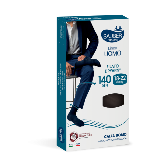 Sauber Calza Uomo 140 Den Dryarn Nero S/M, con compressione graduata terapeutica e soletta traspirante. Sauber Calza Uomo 140 Den Dryarn Nero S/M, con compressione graduata terapeutica e soletta traspirante.