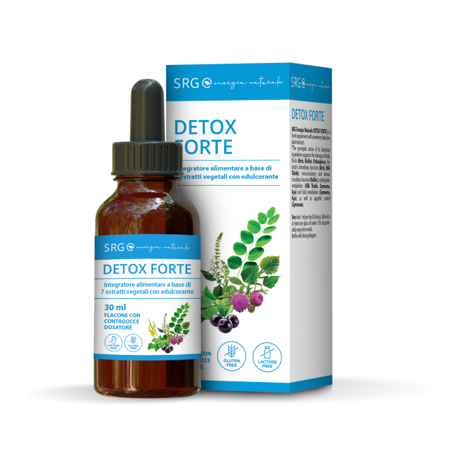 SRG Detox Forte 30 ml con contagocce, integratore alimentare a base di sette estratti vegetali per depurazione e drenaggio.